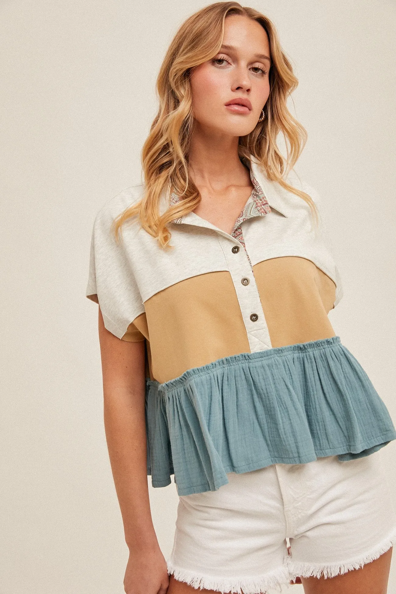 Julietta Colorblock Oversized Crop Top, Teal sold by North & Main Clothing Company