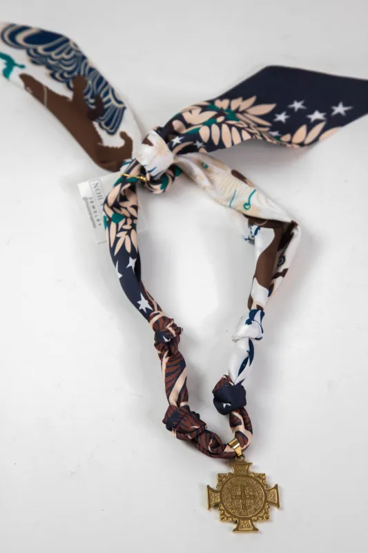 Marigold Benedict Cross Scarf Necklace, Navy/Brown | Nora James Jewelry made by North & Main Clothing Company