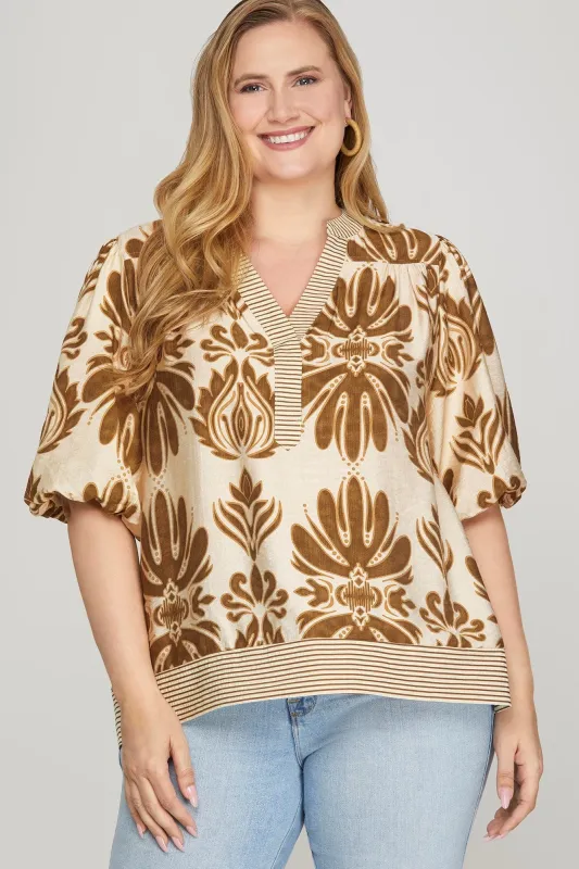 Arabella Bubble Sleeve Printed Top, Camel | Plus Size sold by North & Main Clothing Company