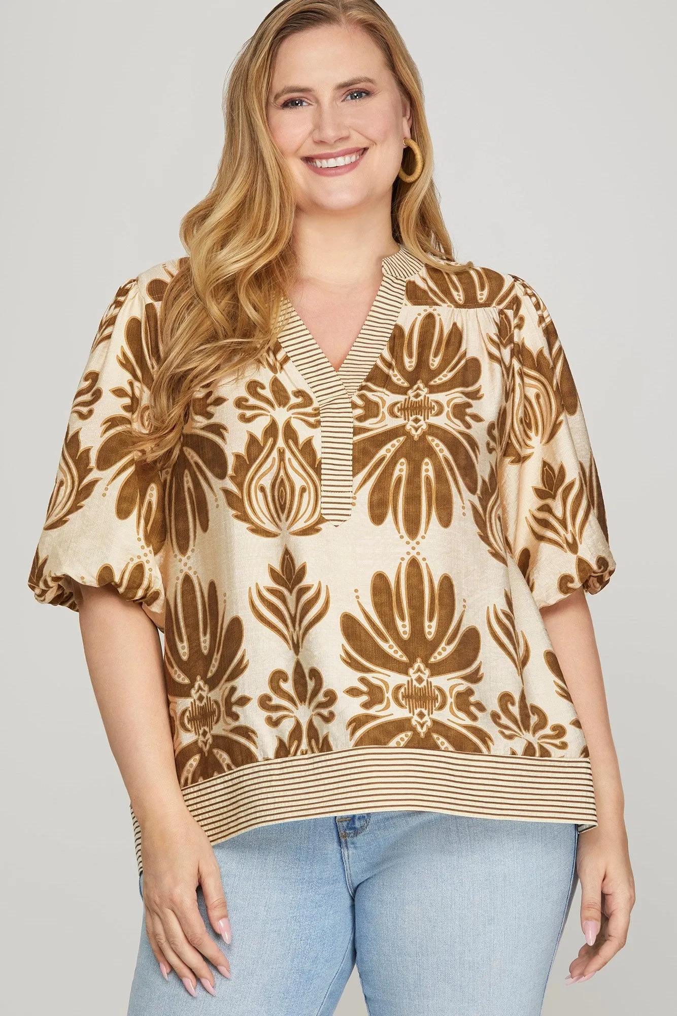 Arabella Bubble Sleeve Printed Top, Camel | Plus Size sold by North & Main Clothing Company