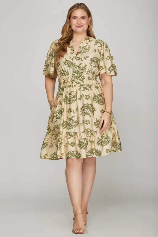 Kara Printed Bell Sleeve Mini Dress, Sage | Extended Sizes sold by North & Main Clothing Company