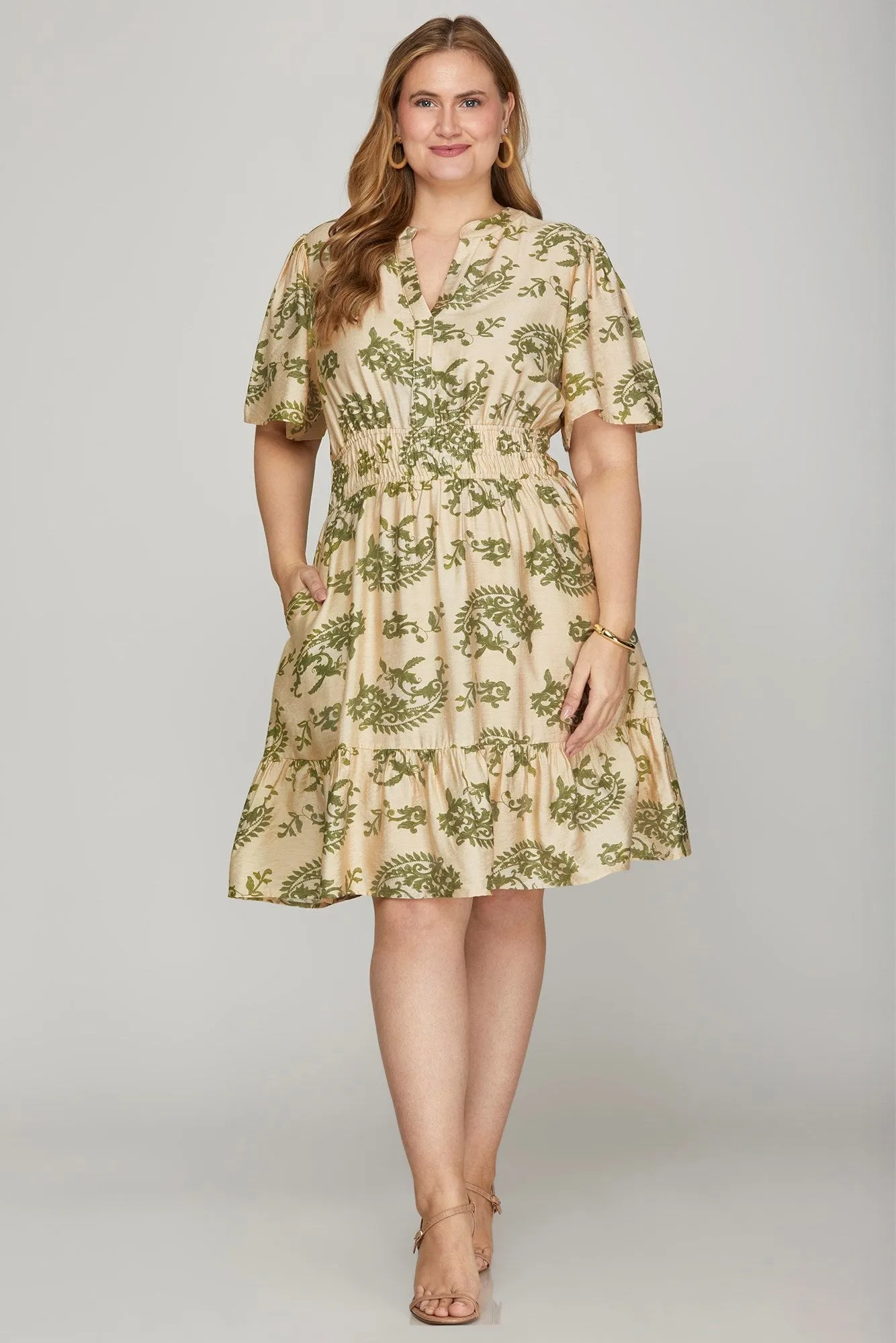 Kara Printed Bell Sleeve Mini Dress, Sage | Extended Sizes sold by North & Main Clothing Company