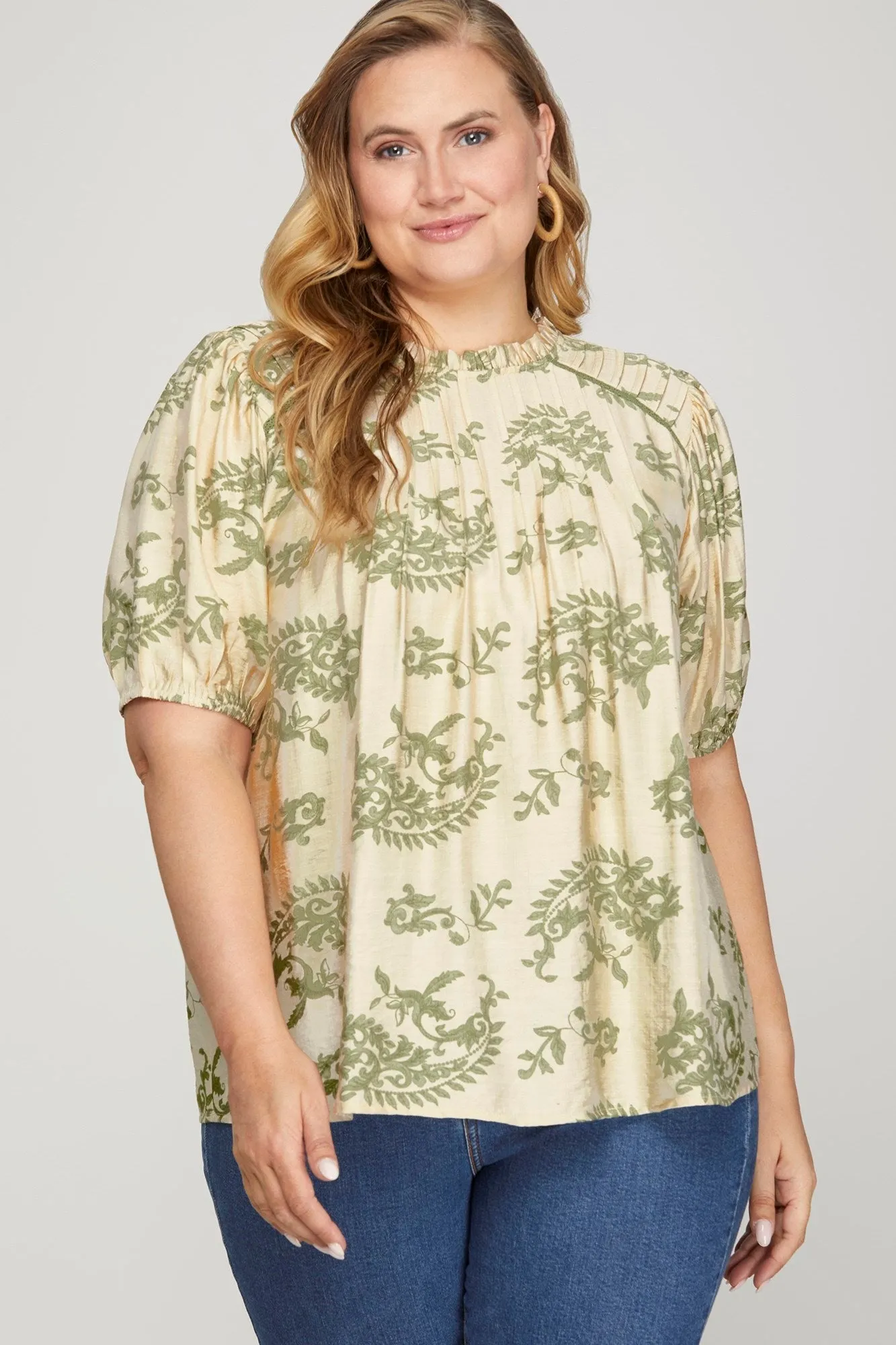 Sloane Paisley Print Ruffle Neck Top, Sage | Extended Sizes sold by North & Main Clothing Company