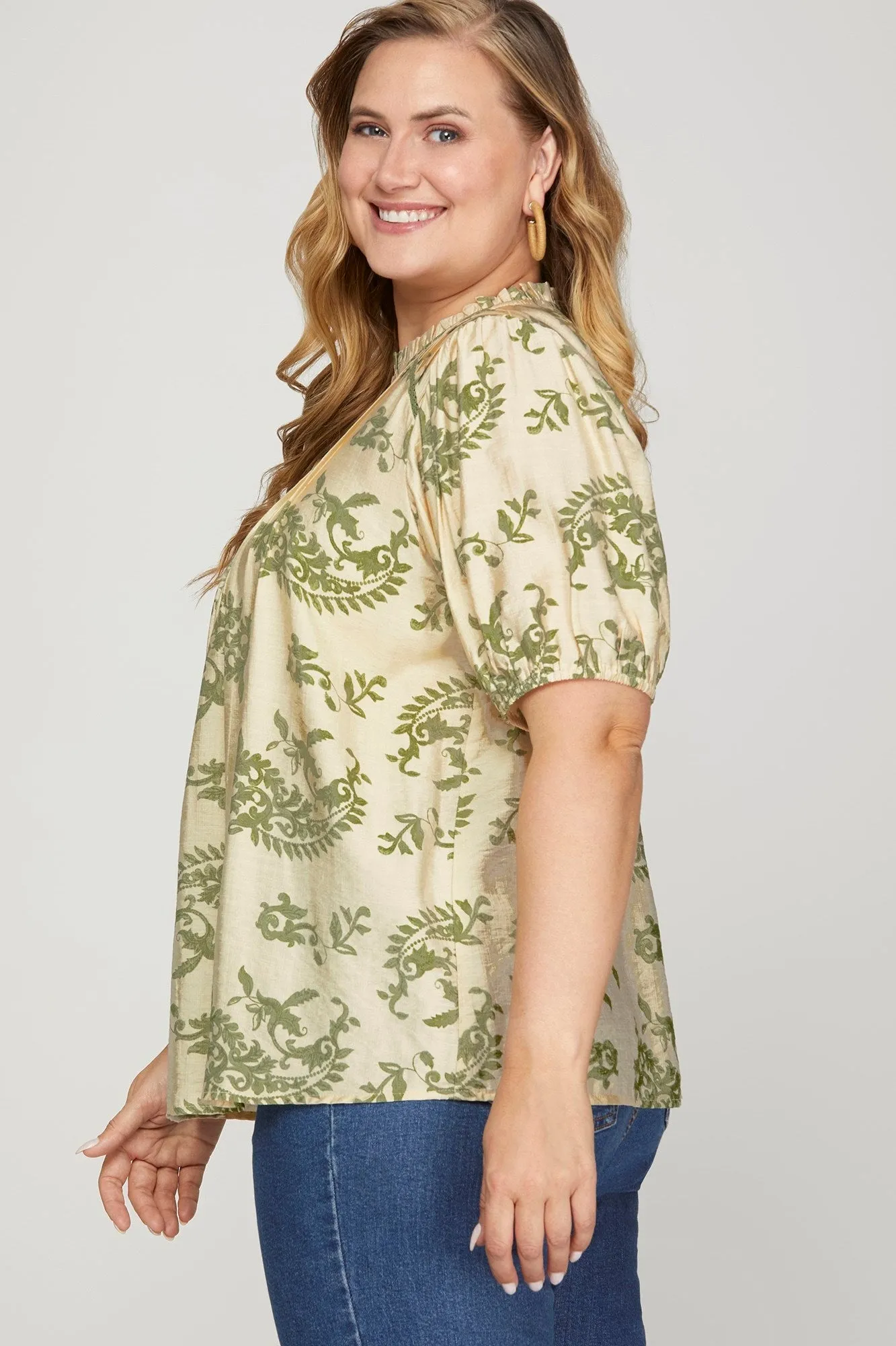 Sloane Paisley Print Ruffle Neck Top, Sage | Extended Sizes sold by North & Main Clothing Company product image thumbnail 4