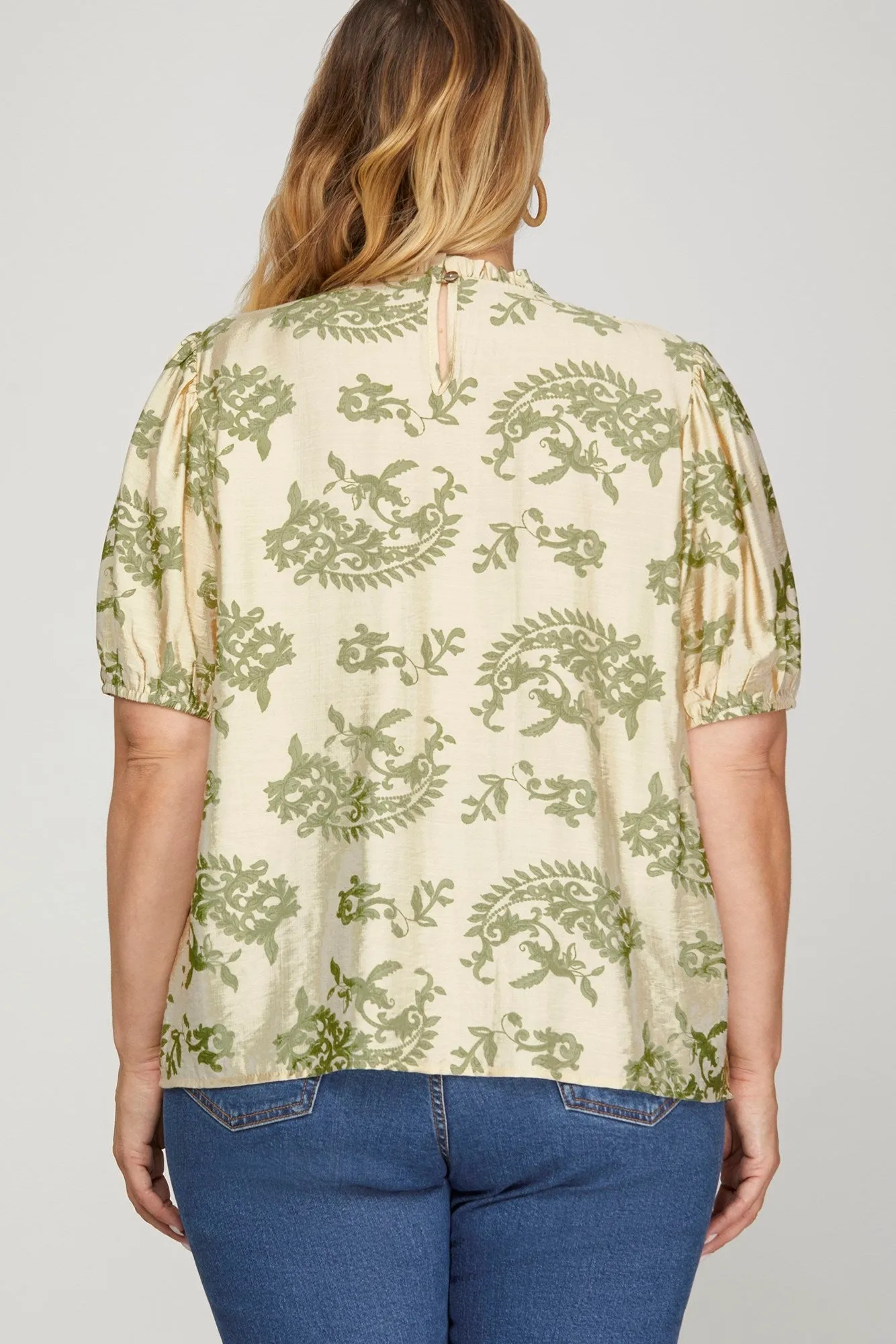 Sloane Paisley Print Ruffle Neck Top, Sage | Extended Sizes sold by North & Main Clothing Company product image thumbnail 5