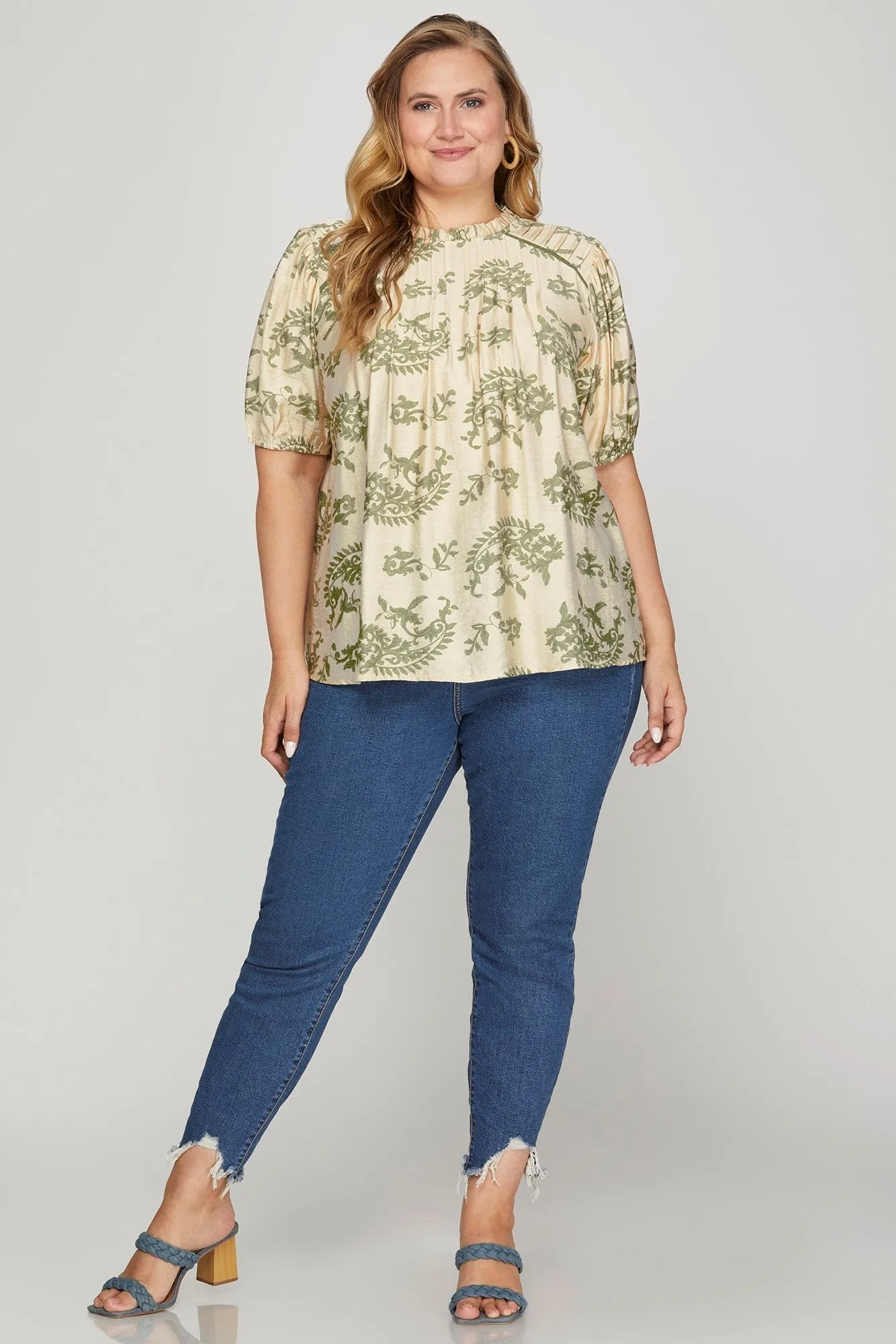 Sloane Paisley Print Ruffle Neck Top, Sage | Extended Sizes sold by North & Main Clothing Company product image thumbnail 2