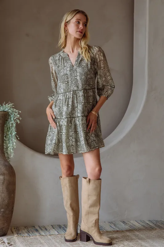 Leila Three Quarter Sleeve Printed Dress, Olive-Cream sold by North & Main Clothing Company