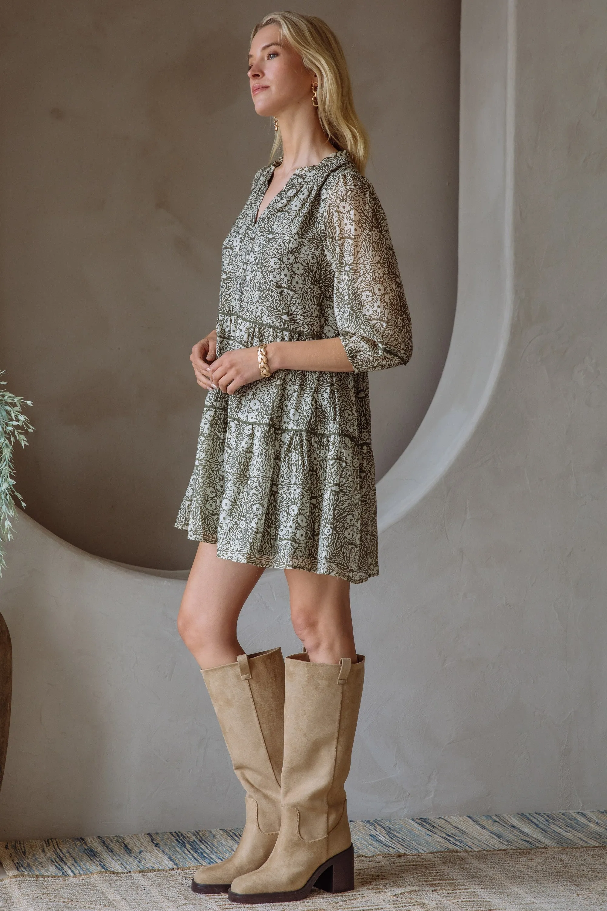 Leila Three Quarter Sleeve Printed Dress, Olive-Cream sold by North & Main Clothing Company product image thumbnail 3