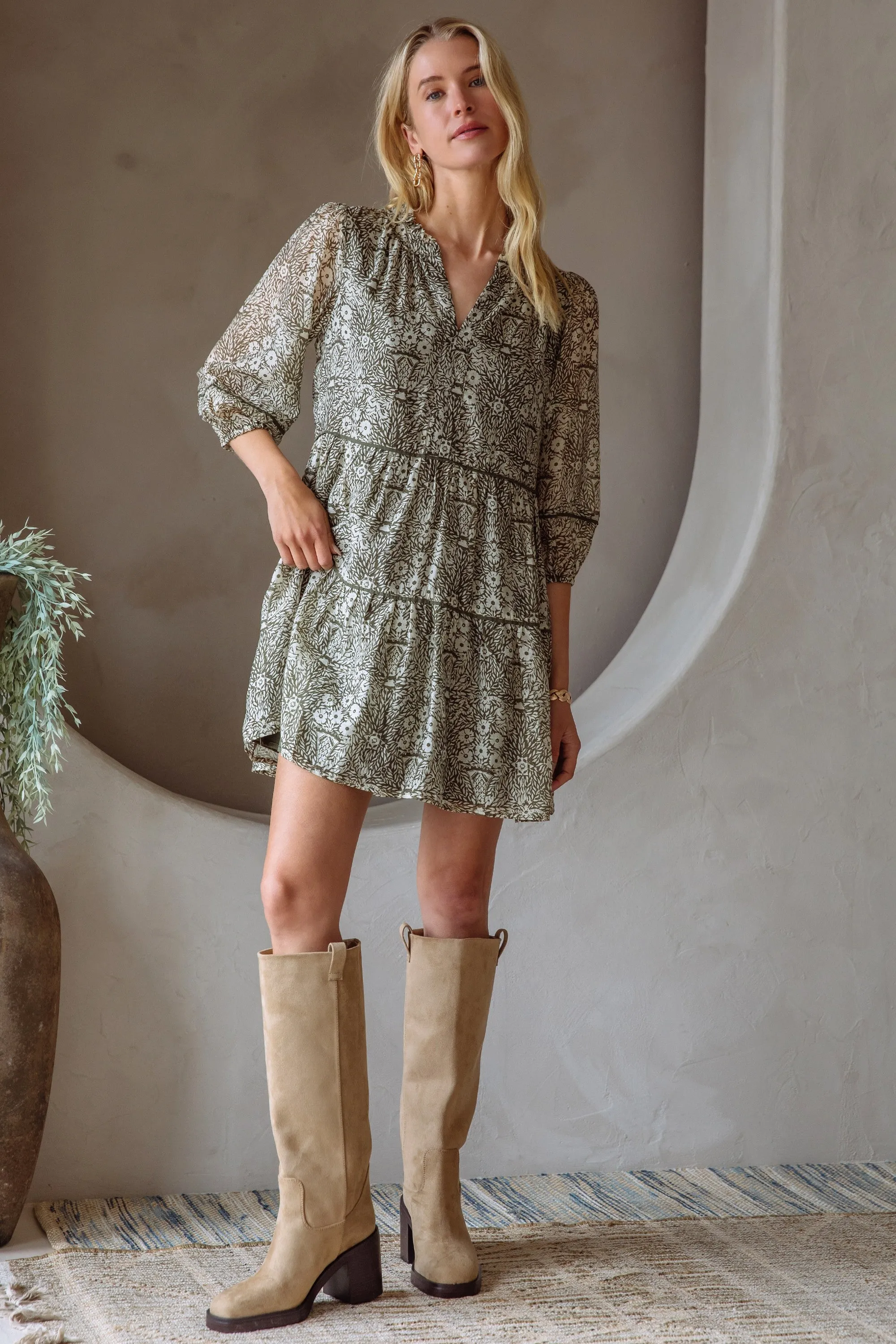 Leila Three Quarter Sleeve Printed Dress, Olive-Cream sold by North & Main Clothing Company product image thumbnail 2