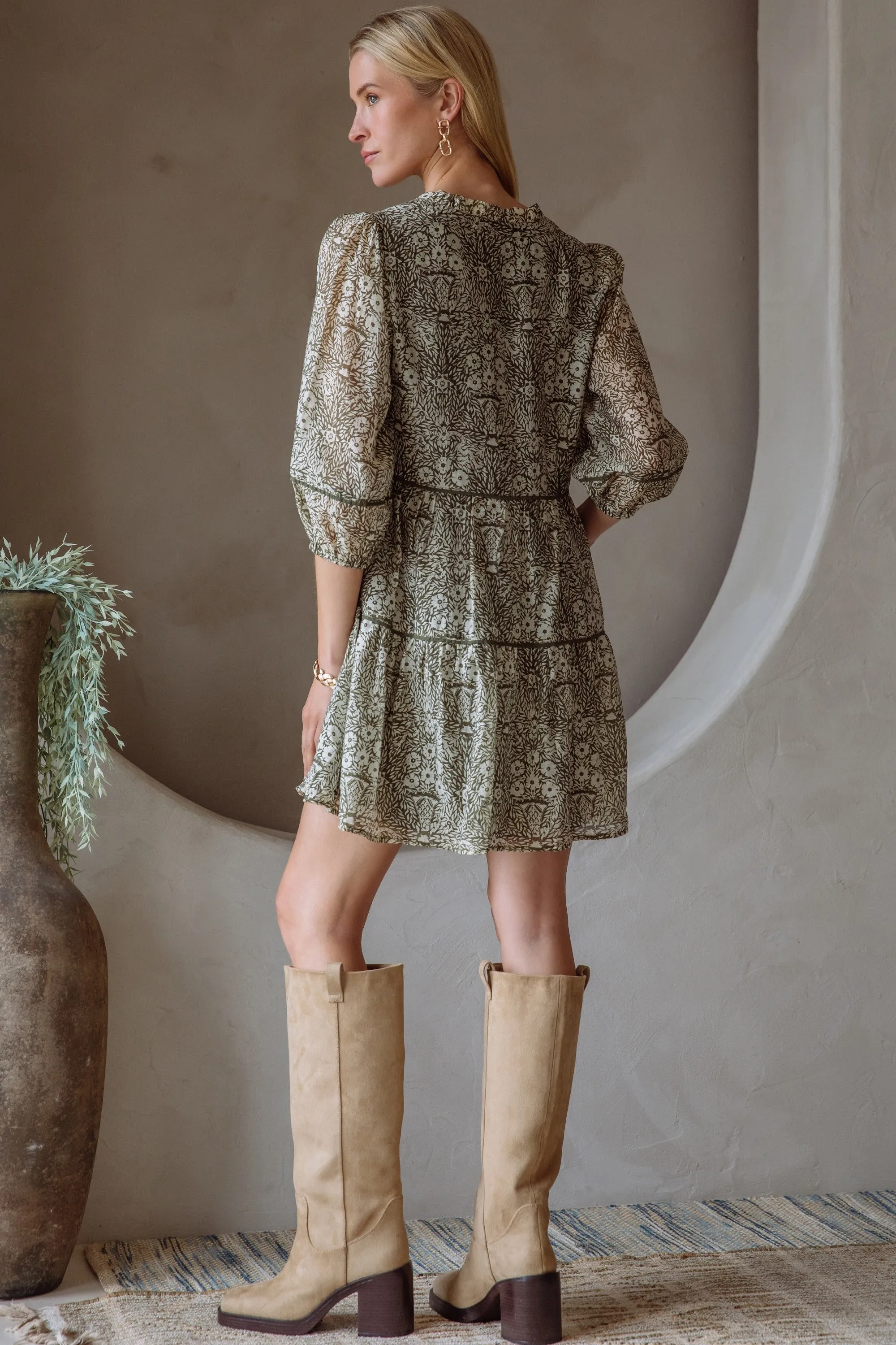 Leila Three Quarter Sleeve Printed Dress, Olive-Cream sold by North & Main Clothing Company product image thumbnail 4