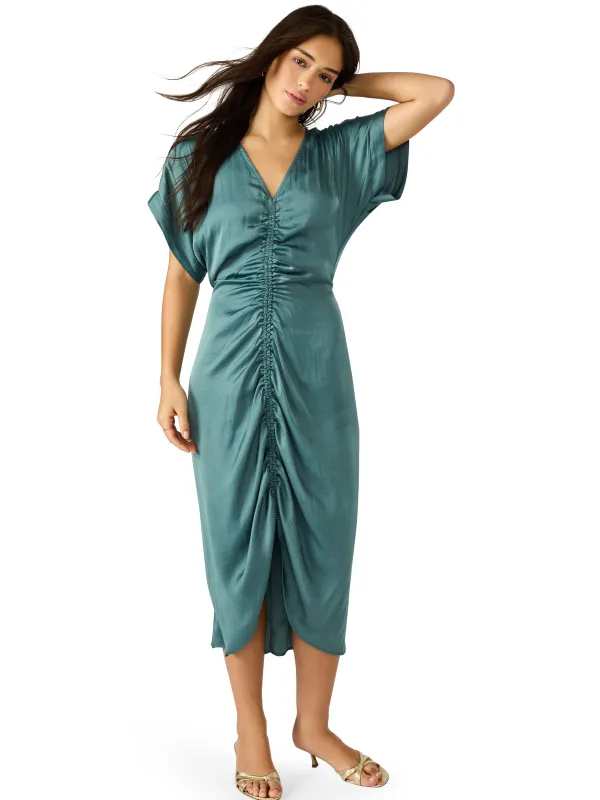 Aimee Center Ruched Midi Dress, Dusty Teal | Steve Madden sold by North & Main Clothing Company
