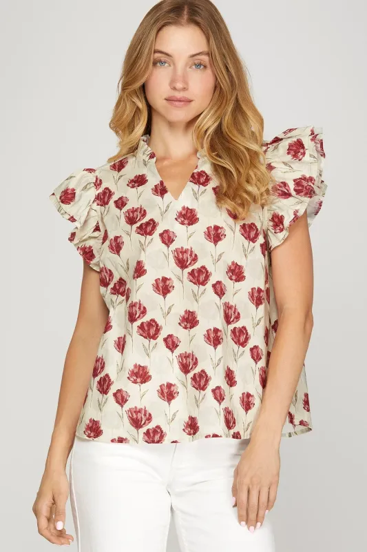 Diana Ruffled Sleeve Floral Top, Red sold by North & Main Clothing Company