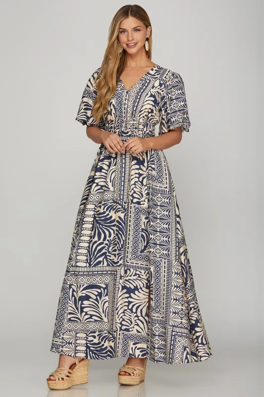 Elle Puff Sleeve Printed Maxi Dress, Navy sold by North & Main Clothing Company