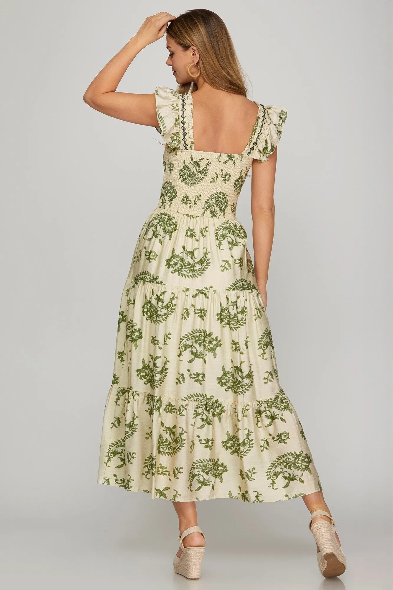 Ana Ruffled Sleeve Paisley Maxi Dress, Sage sold by North & Main Clothing Company product image thumbnail 2
