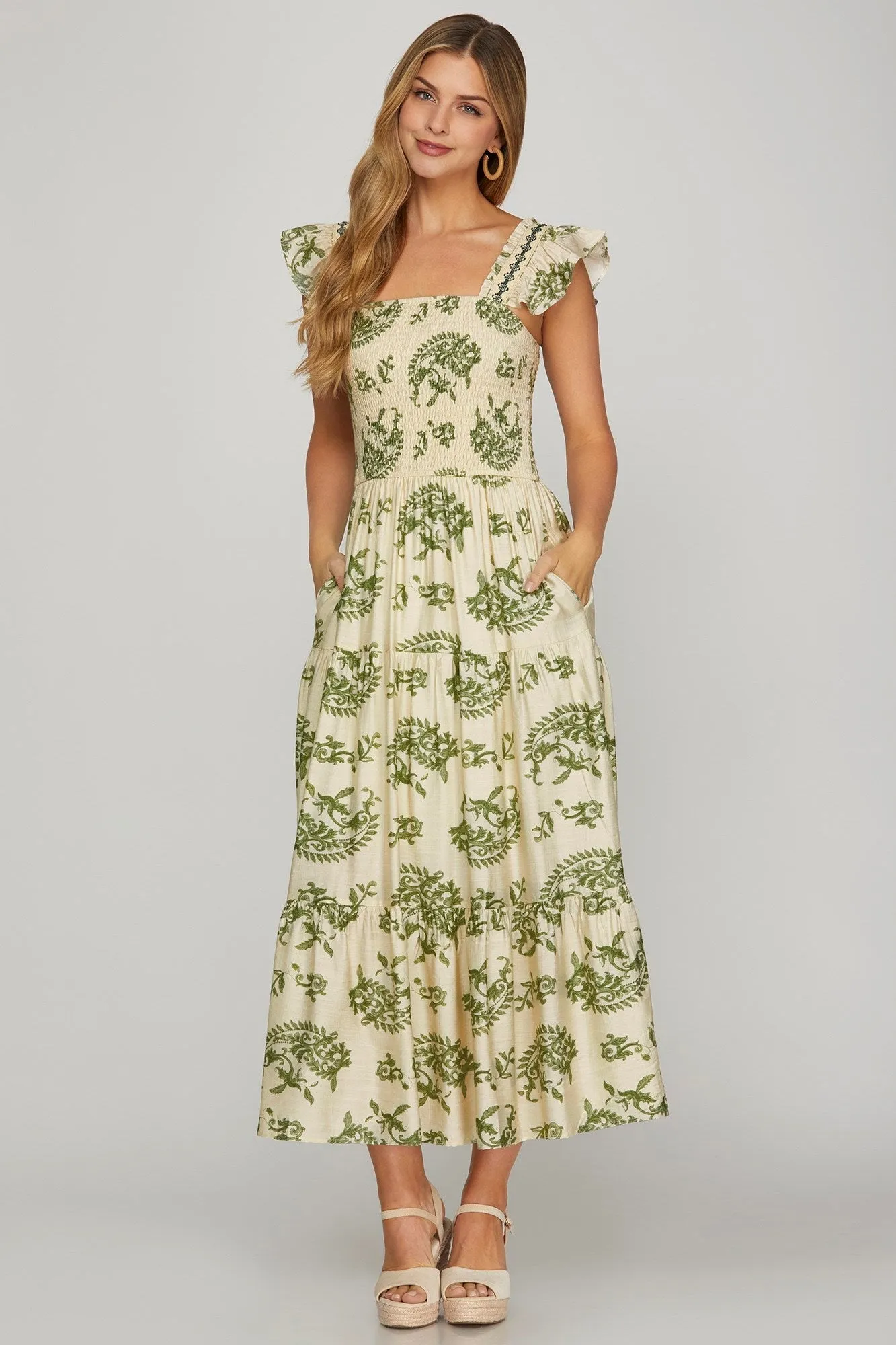 Ana Ruffled Sleeve Paisley Maxi Dress, Sage sold by North & Main Clothing Company