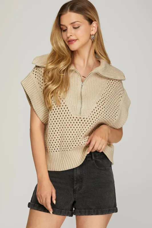 Evangeline Collared Half Zip Sweater Vest, Stone made by She and Sky