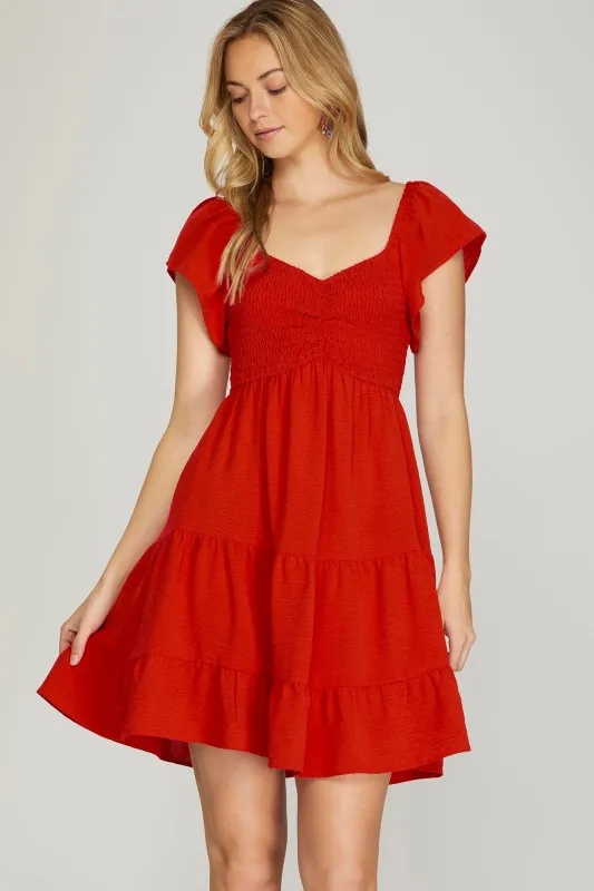 Katie Flutter Sleeve Smocked Mini Dress, Red sold by North & Main Clothing Company