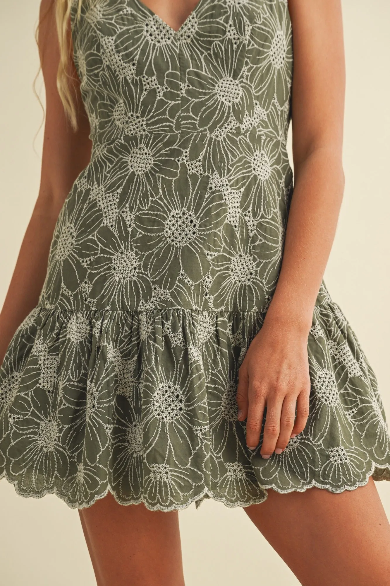 Madelyn Floral Embroidered V-Neck Dress, Olive sold by North & Main Clothing Company product image thumbnail 5