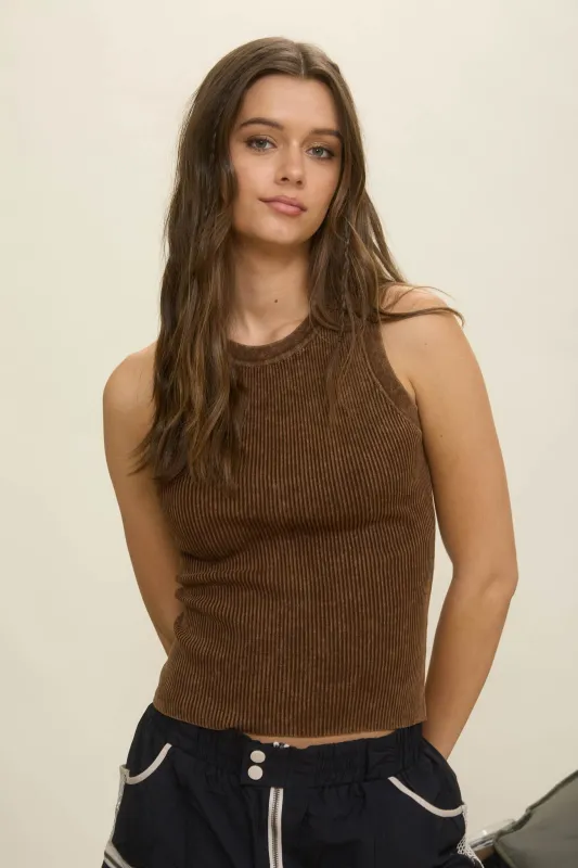 Elowen Washed Ribbed Tank Top, Brown sold by North & Main Clothing Company
