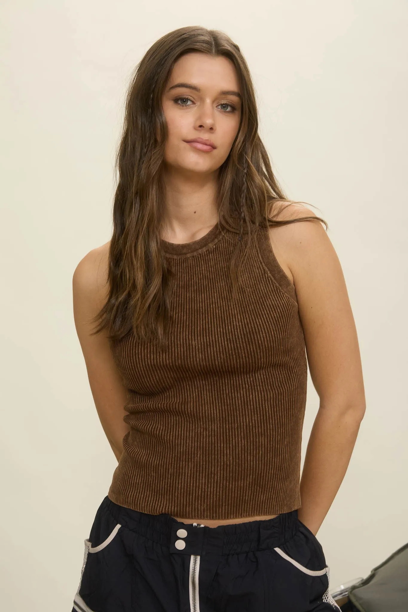 Elowen Washed Ribbed Tank Top, Brown sold by North & Main Clothing Company