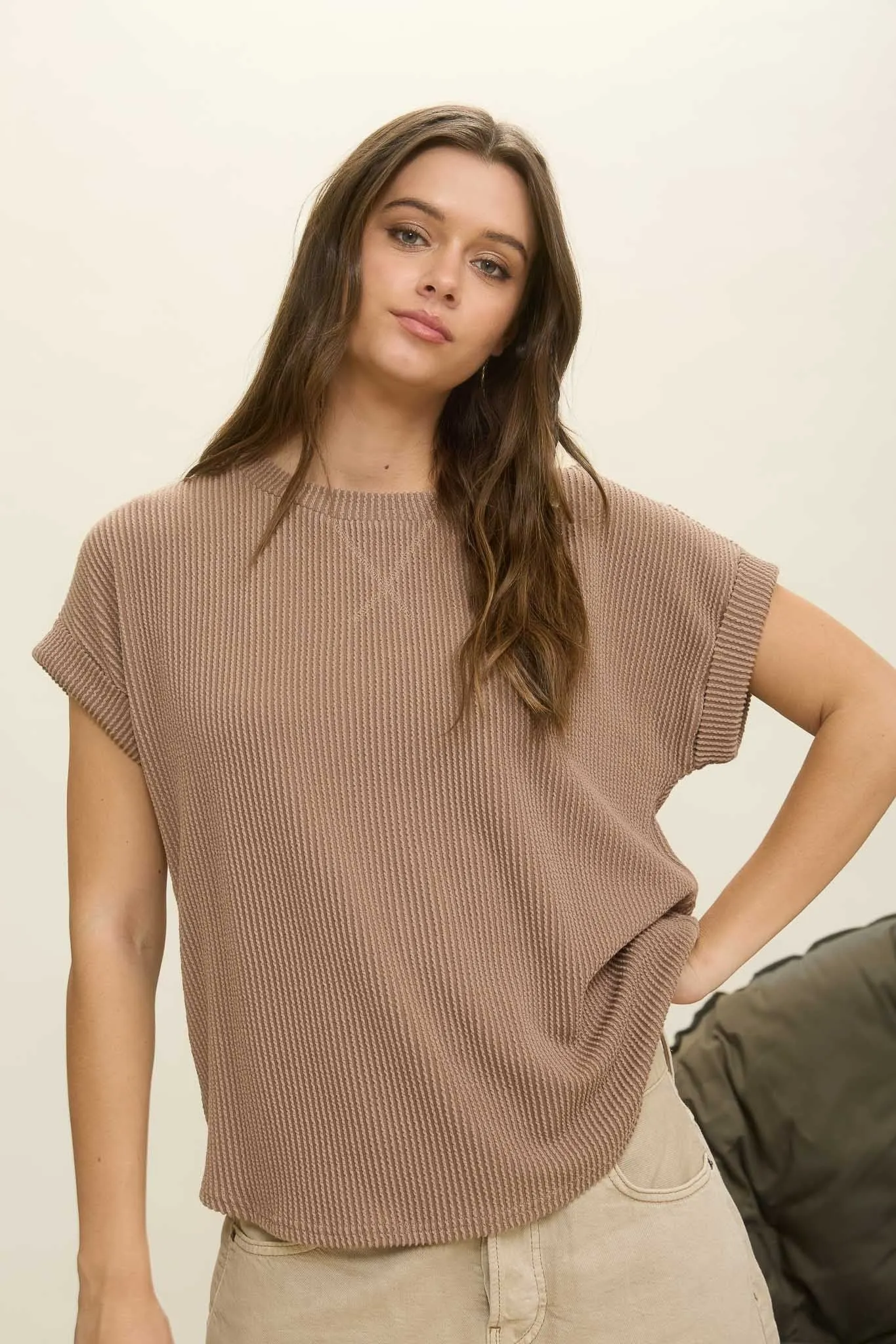 Lilly Ribbed Crew Neck Top, Mocha sold by North & Main Clothing Company product image thumbnail 3