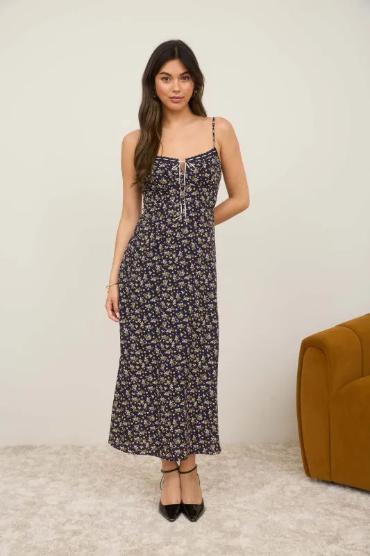 Angela Floral Lace Trim Midi Dress, Navy Multi made by Blu Pepper
