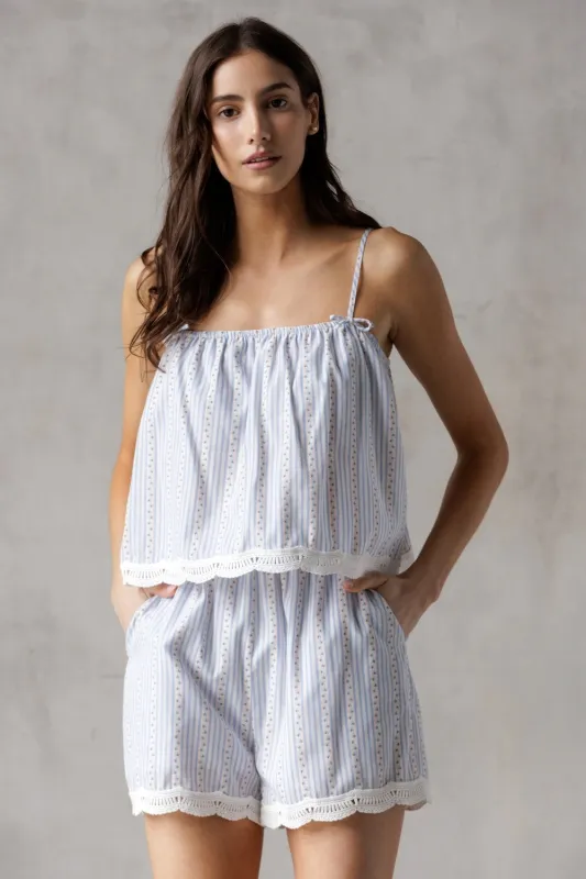 Sofia Floral Pinstripe Lace Hem Top, Blue/White/Orange sold by North & Main Clothing Company