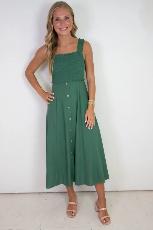 Maisie Smocked Faux Button Down Dress, Moss Green sold by North & Main Clothing Company