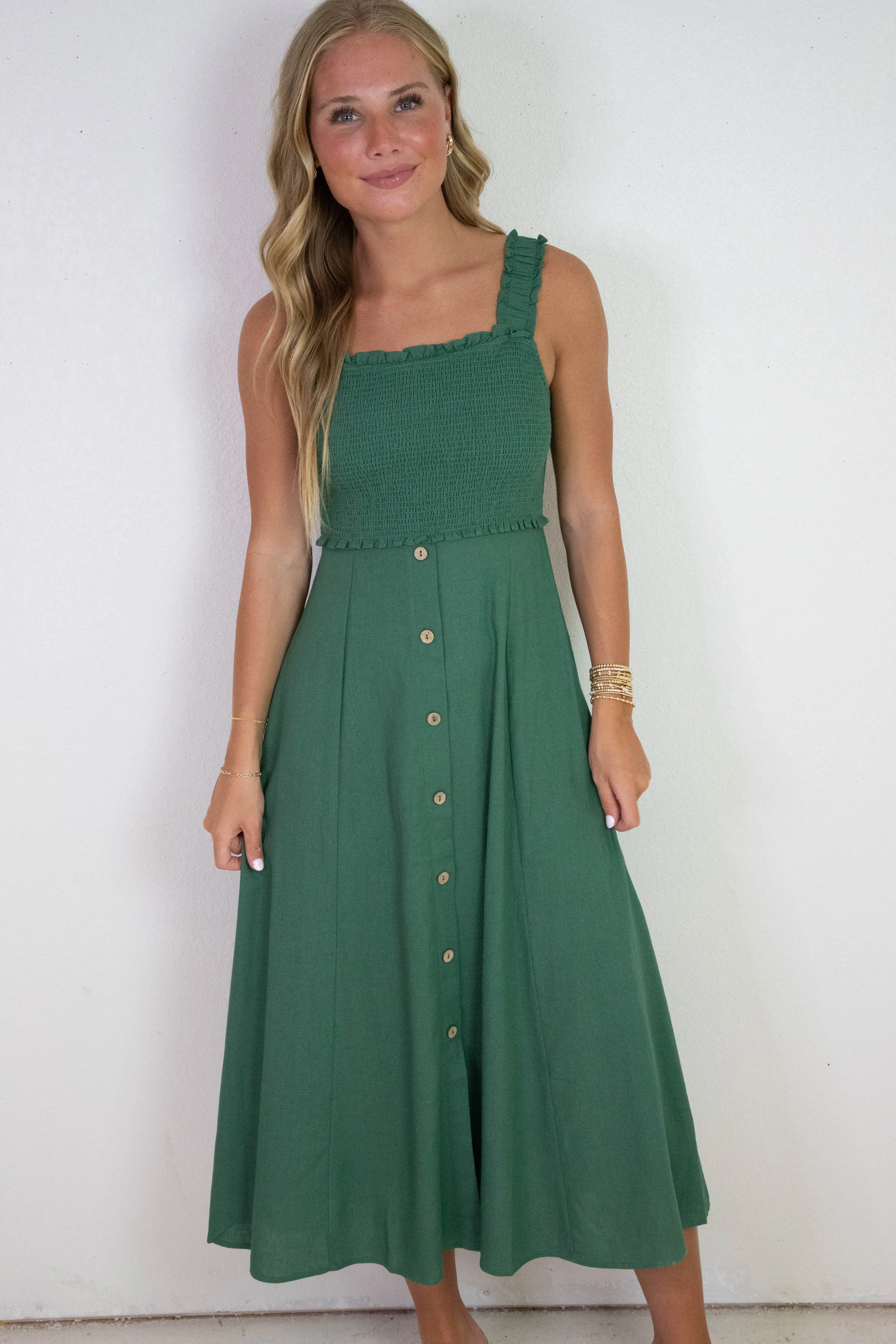 Maisie Smocked Faux Button Down Dress, Moss Green sold by North & Main Clothing Company product image thumbnail 3