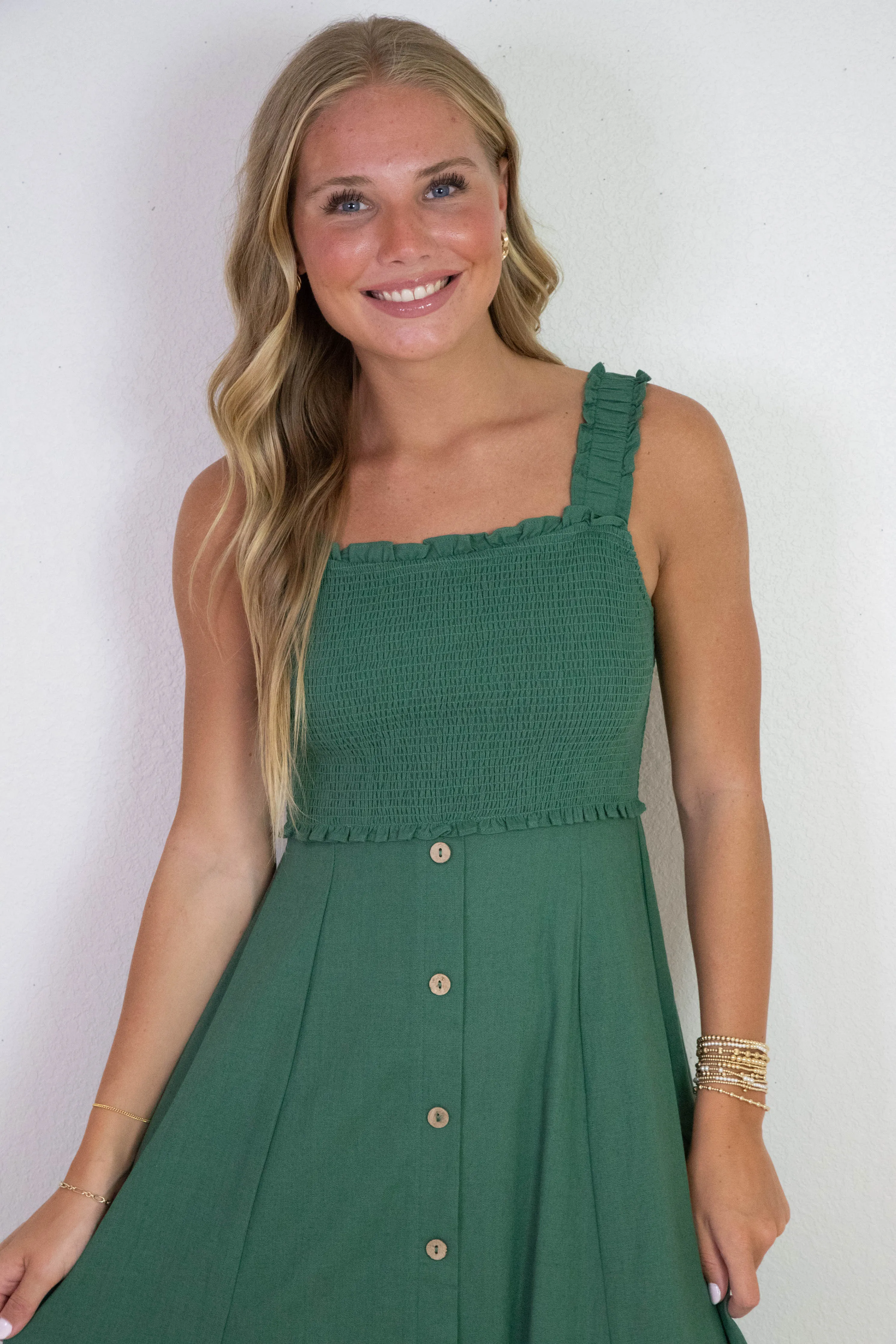 Maisie Smocked Faux Button Down Dress, Moss Green sold by North & Main Clothing Company product image thumbnail 2
