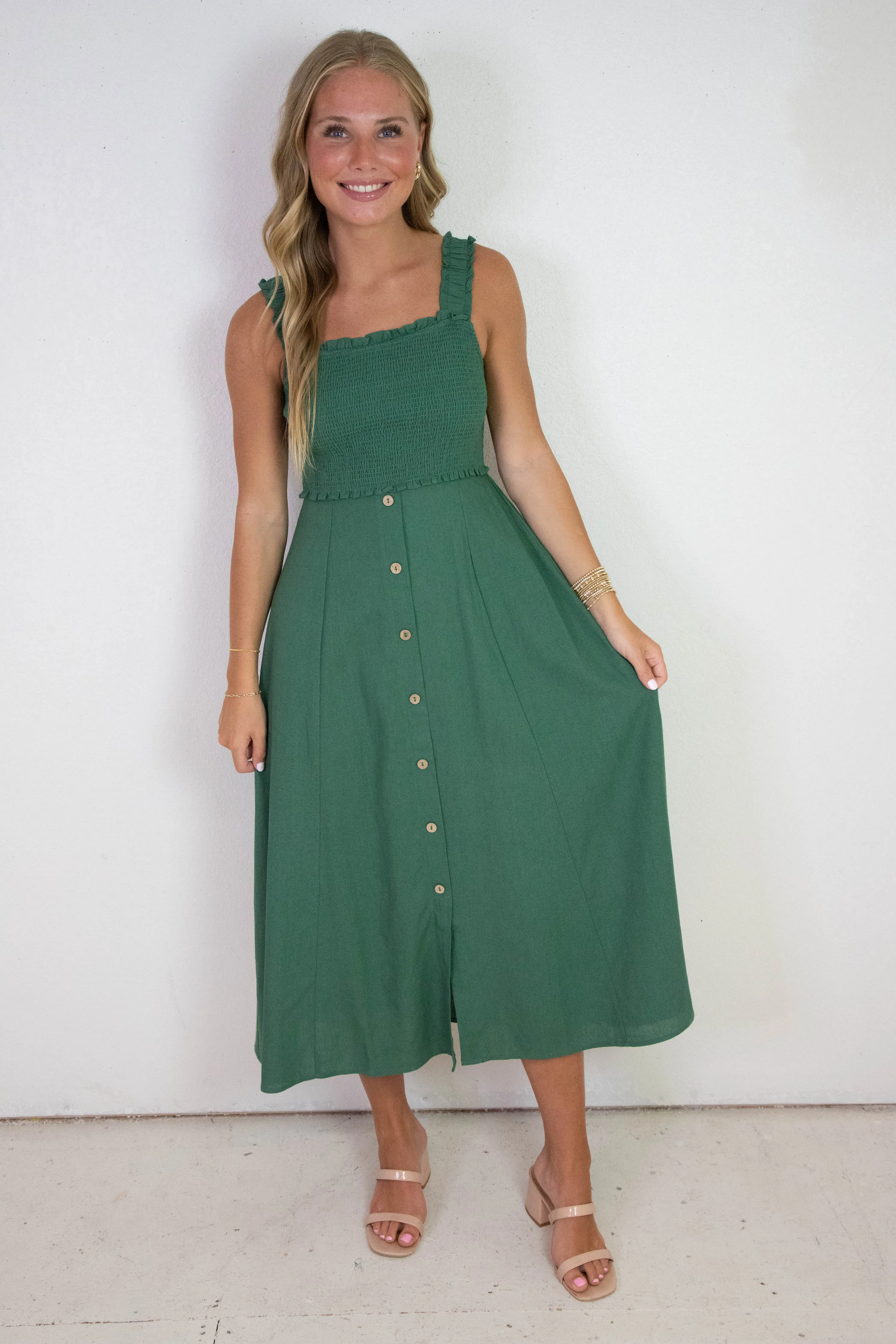 Maisie Smocked Faux Button Down Dress, Moss Green sold by North & Main Clothing Company product image thumbnail 4