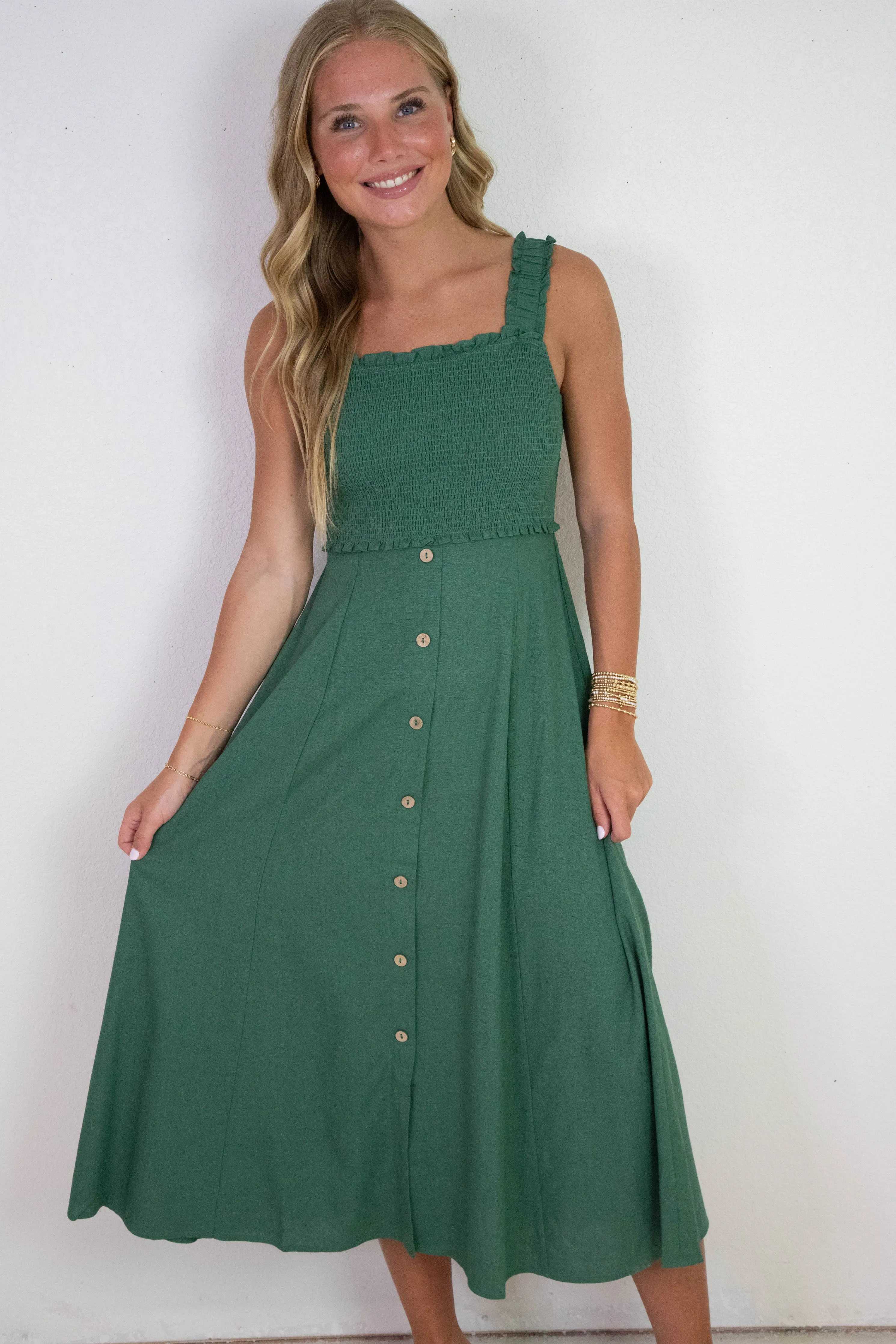 Maisie Smocked Faux Button Down Dress, Moss Green sold by North & Main Clothing Company product image thumbnail 5