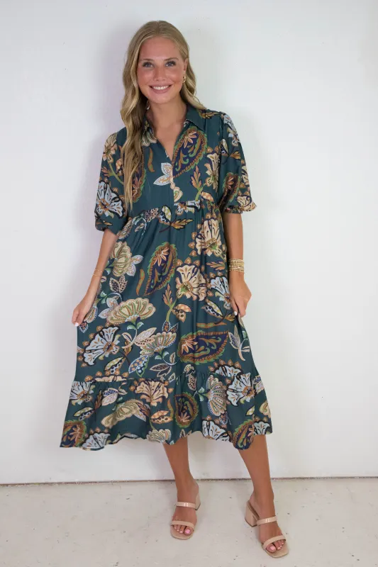 Reese Printed Half Sleeve Midi Dress, Teal sold by North & Main Clothing Company
