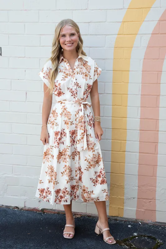 Romina Floral Button Down Dress, Ivory Brown sold by North & Main Clothing Company