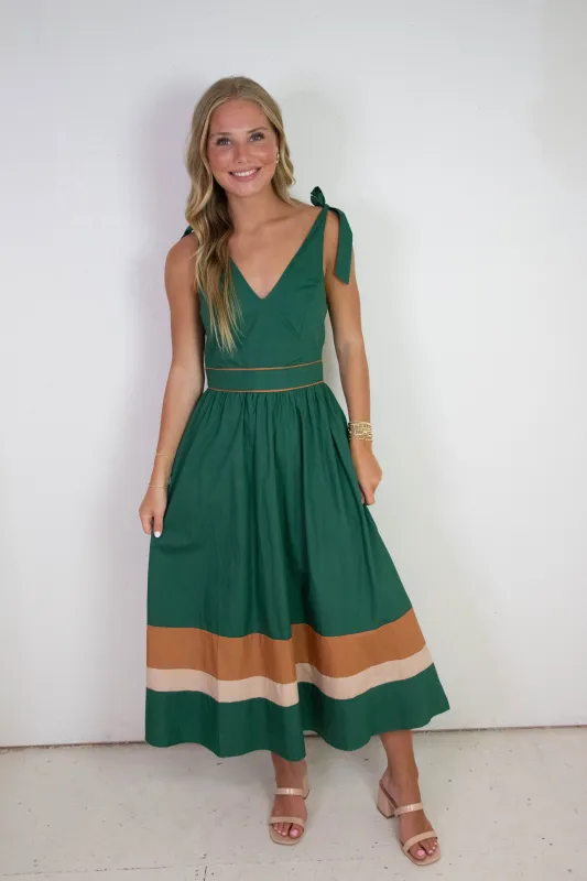 Vienna Tie Strap Contrast Stripe Dress, Green Taupe sold by North & Main Clothing Company