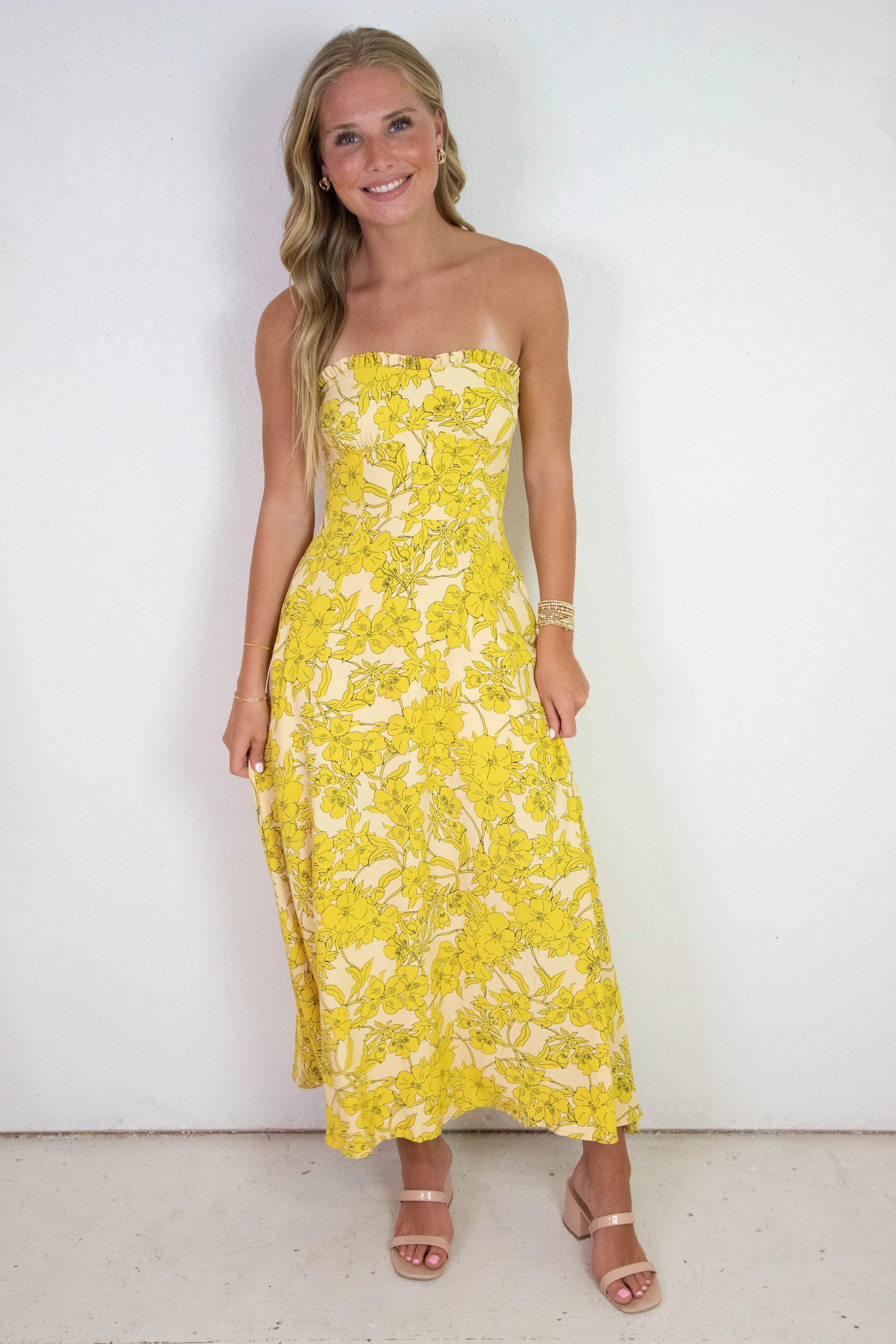 Holland Strapless Floral Midi Dress, Yellow Multi sold by North & Main Clothing Company