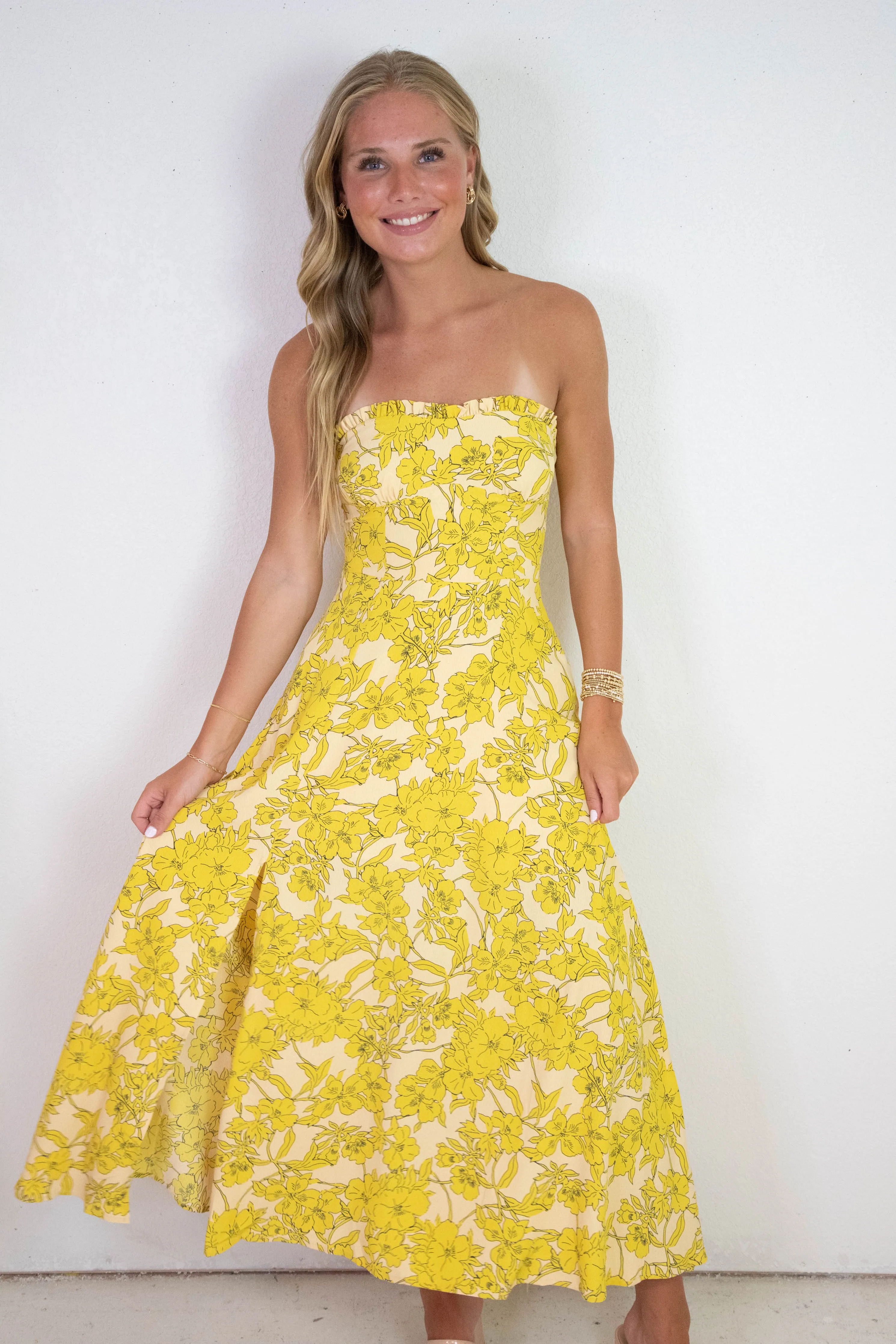 Holland Strapless Floral Midi Dress, Yellow Multi sold by North & Main Clothing Company product image thumbnail 5