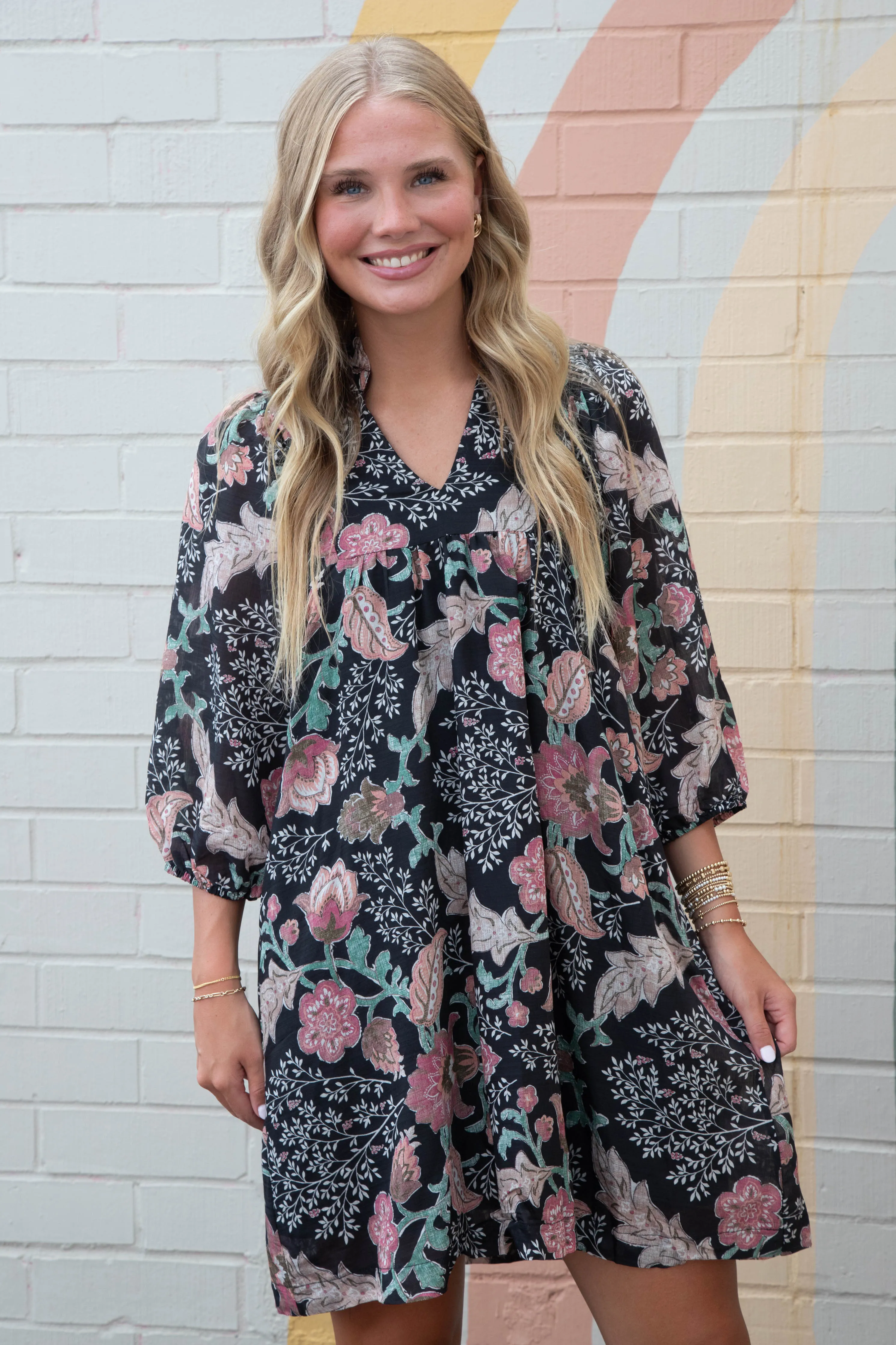 Lilia Floral Ruffled V-Neck Dress, Black sold by North & Main Clothing Company product image thumbnail 5