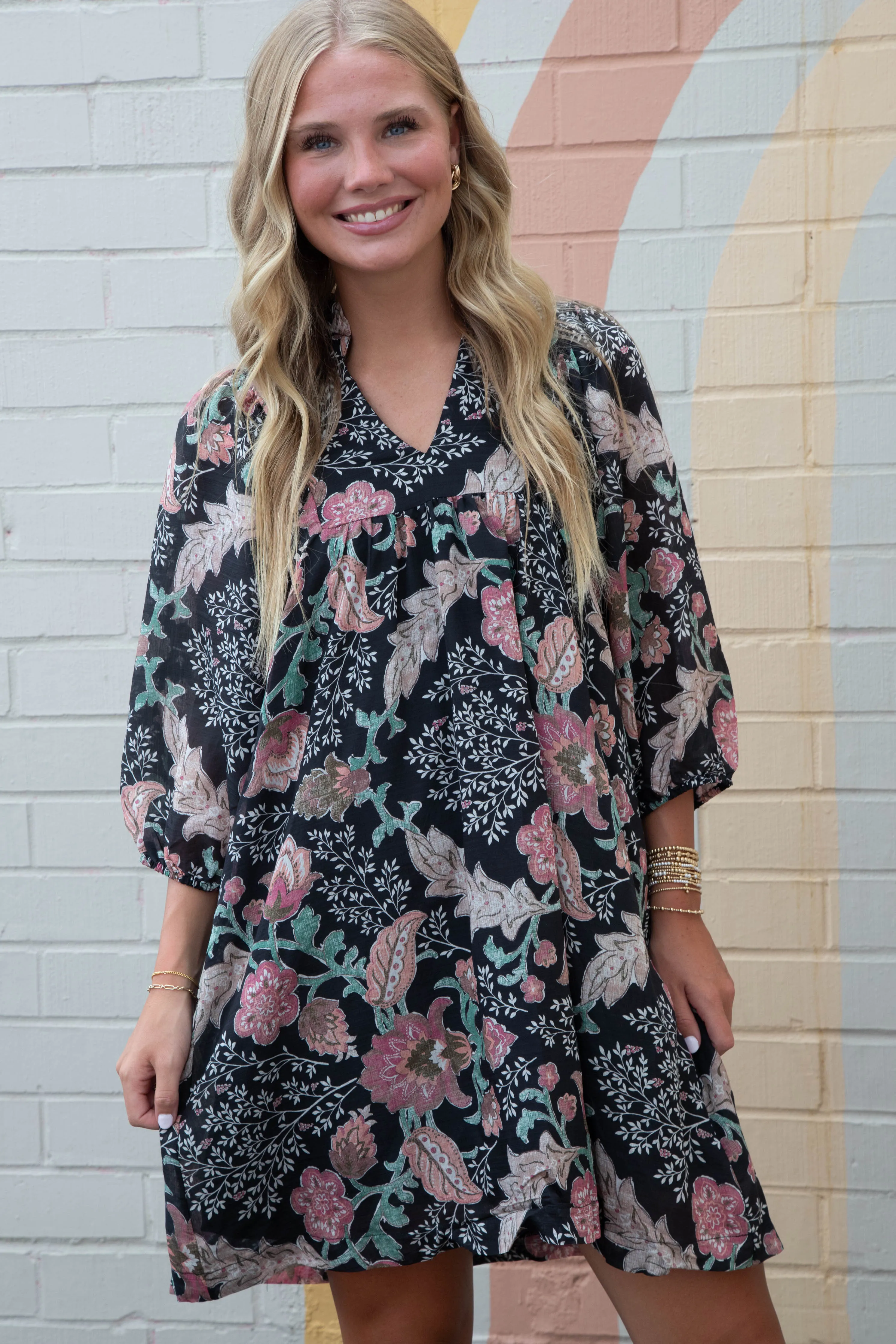 Lilia Floral Ruffled V-Neck Dress, Black sold by North & Main Clothing Company product image thumbnail 3