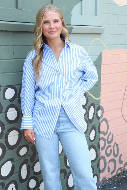Sabine Tailored Stripe Shirt, Oxford Stripe Blue | Free People sold by North & Main Clothing Company