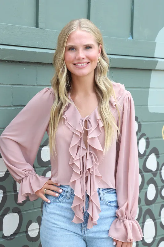 Greer Ruffled Tie Front Blouse, Mauve made by HYFVE