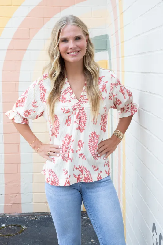 Anise Paisley Print V-Neck Top, Red Mix made by Umgee