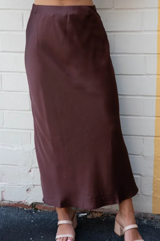 Brinley Satin Maxi Skirt, Chestnut sold by North & Main Clothing Company