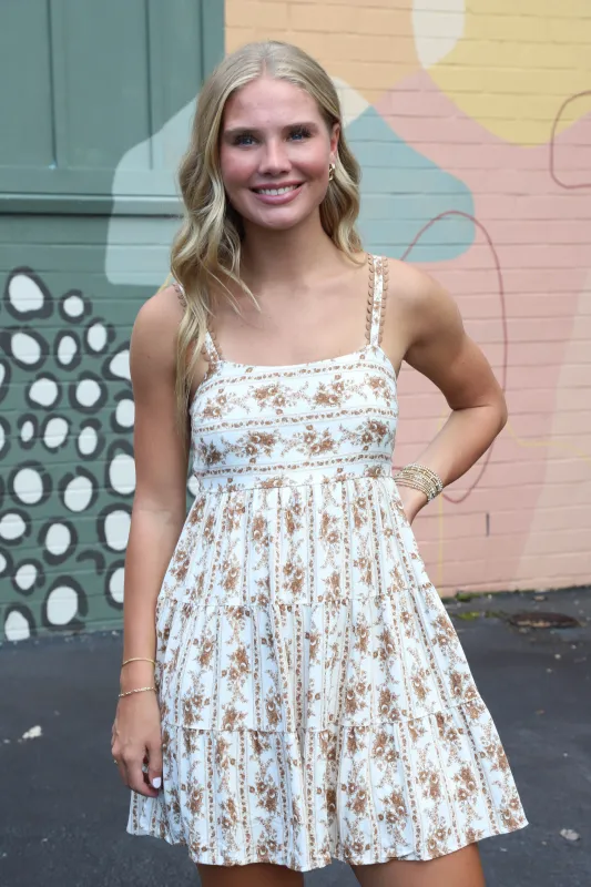 Ashley Striped Floral Mini Dress, Brown Multi sold by North & Main Clothing Company