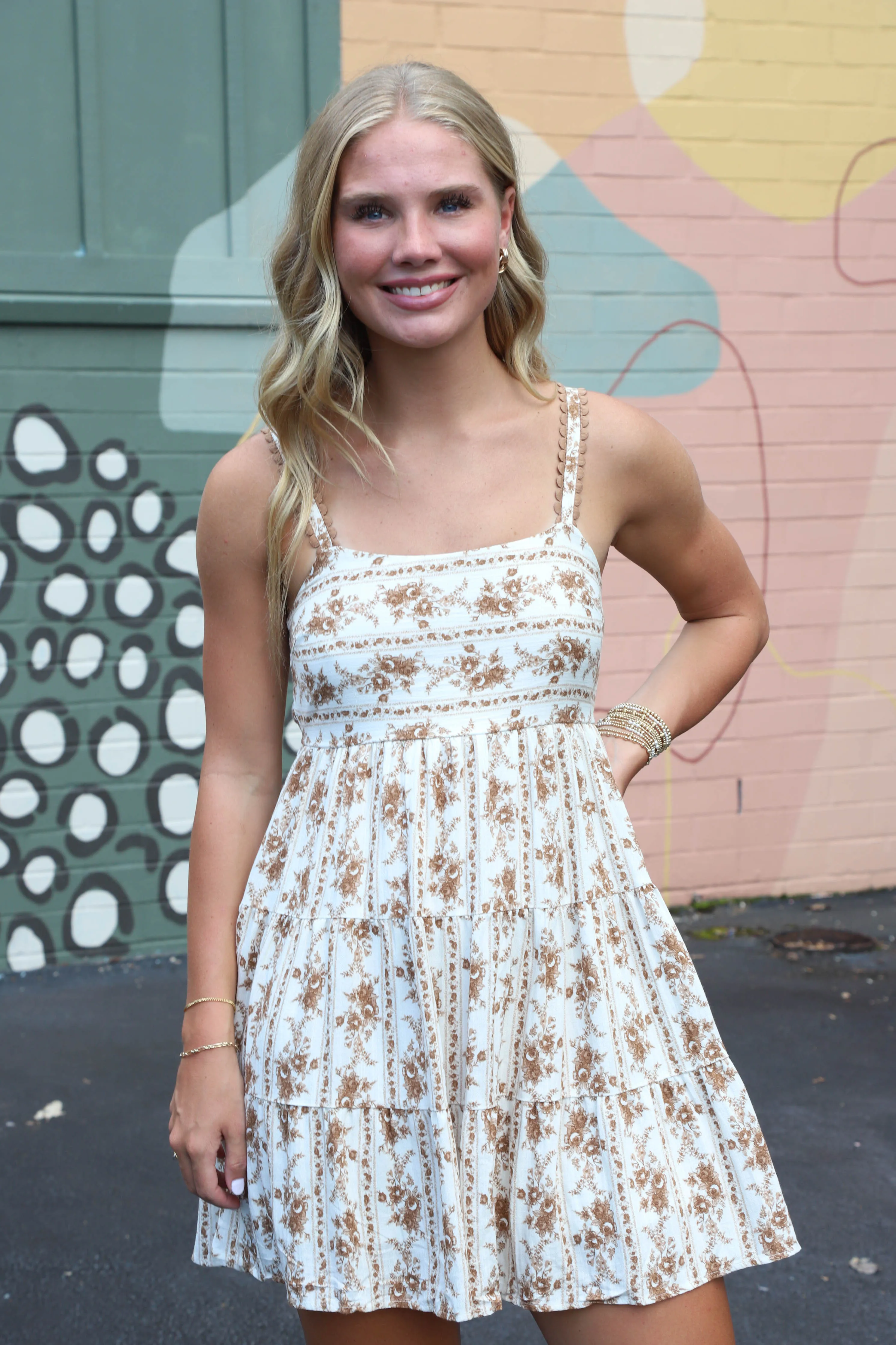 Ashley Striped Floral Mini Dress, Brown Multi sold by North & Main Clothing Company