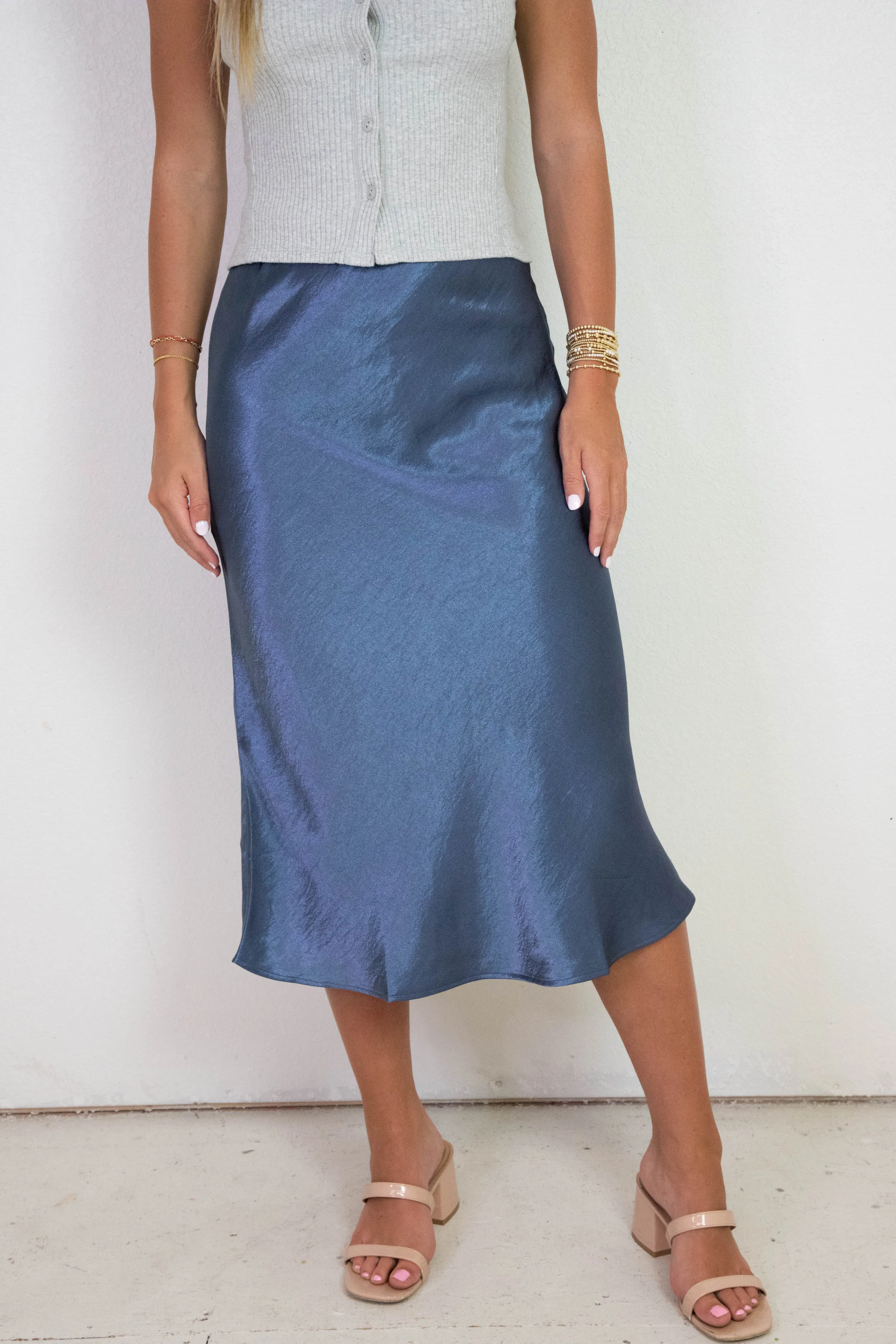 Saige Elastic Waist Midi Skirt, Dusty Navy sold by North & Main Clothing Company