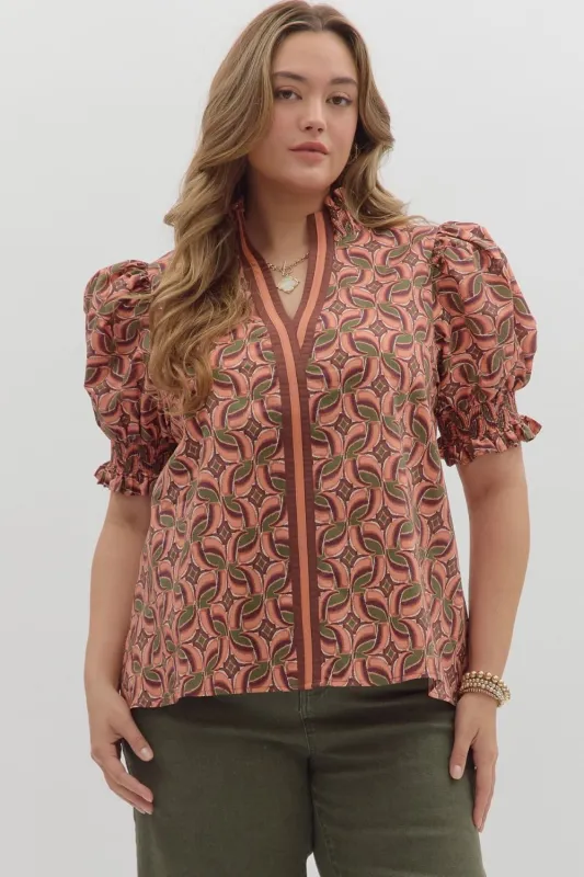 Rosalie Contrast Stripe Printed Top, Terra Cotta | Plus Size sold by North & Main Clothing Company