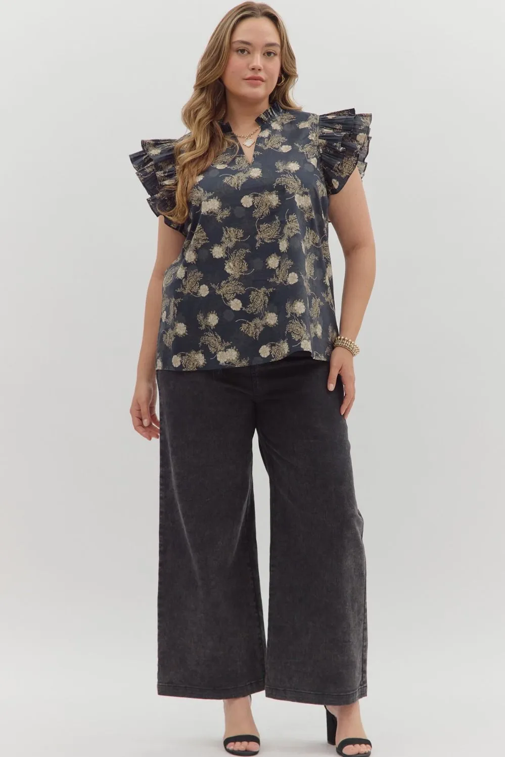 Ember Flutter Sleeve Printed Top, Dark Navy | Plus Size sold by North & Main Clothing Company product image thumbnail 2