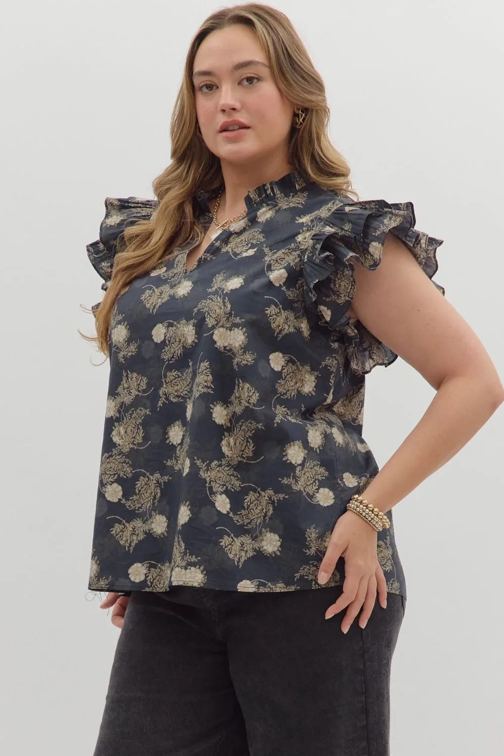 Ember Flutter Sleeve Printed Top, Dark Navy | Plus Size sold by North & Main Clothing Company product image thumbnail 3