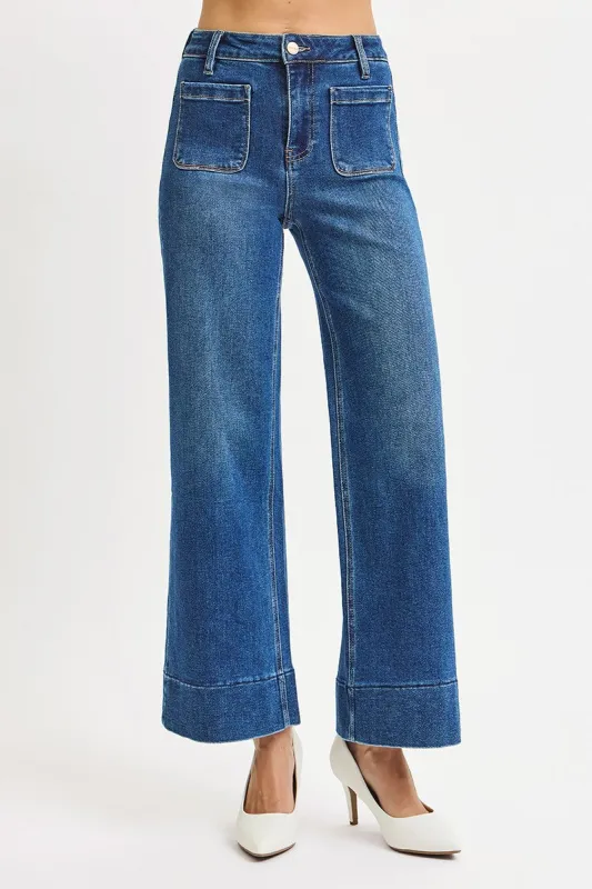 Kaia Crop Wide Leg Patch Pocket Jeans, Dark made by Risen
